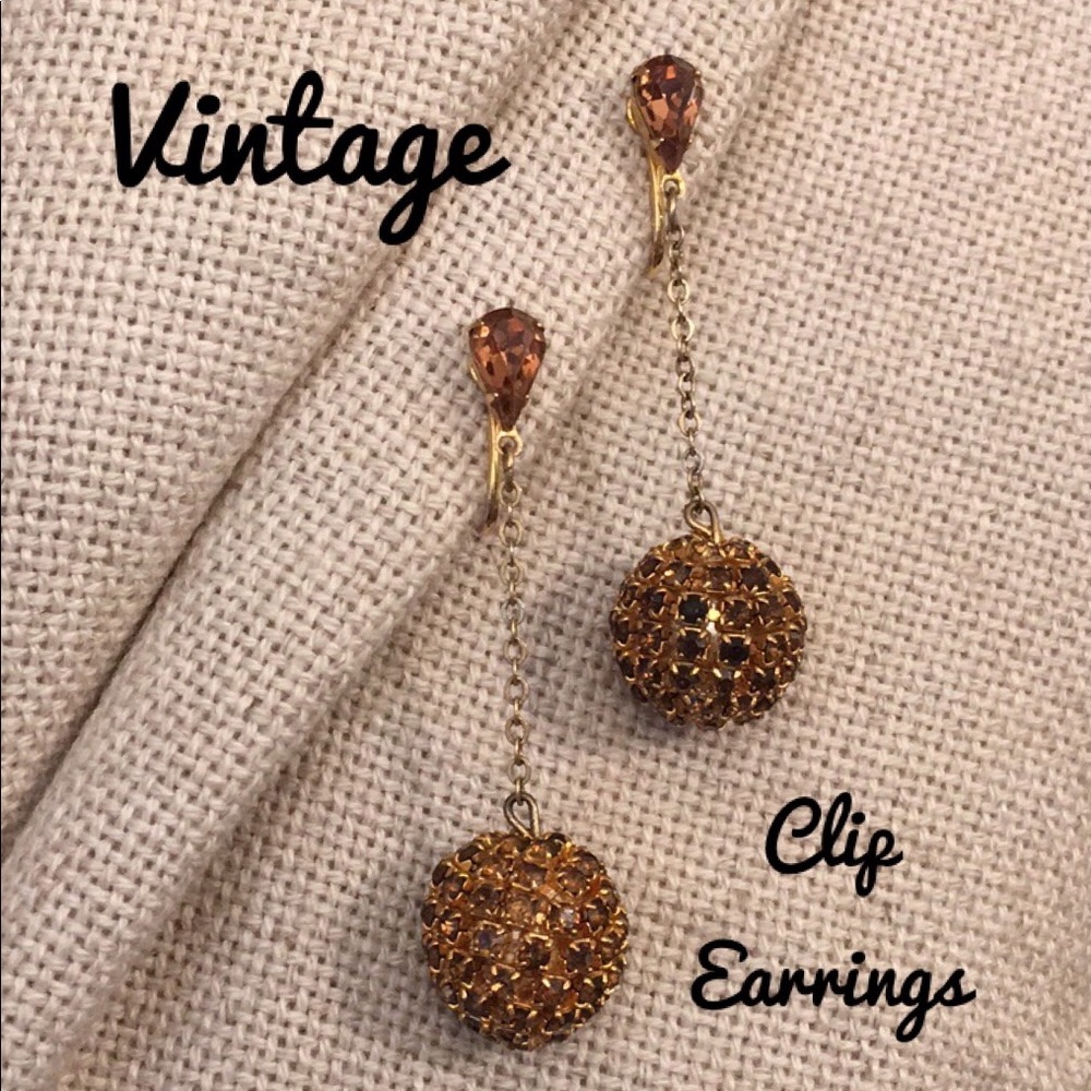 Vintage Brown Rhinestone Disco Ball Clip Earrings
